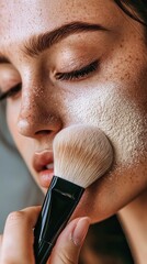 Makeup artist applying white powder with a brush on model's face