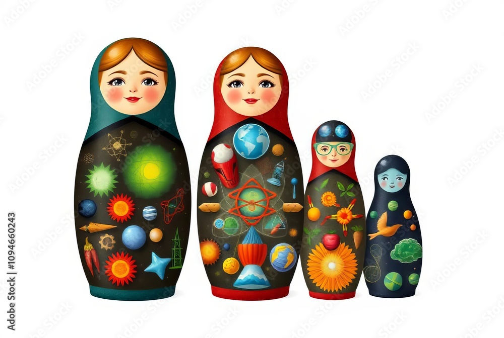 Wall mural Matryoshka dolls with each layer revealing a different scientifi