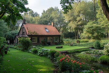 Fototapeta premium Brick house in a lush garden. Perfect for real estate, travel, or nature themes; showcasing tranquility and idyllic living.