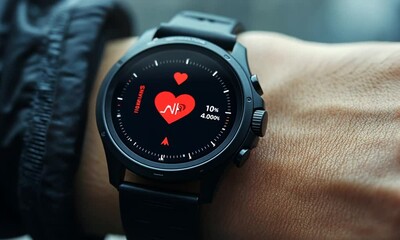 Smartwatch displaying heart rate and health metrics.
