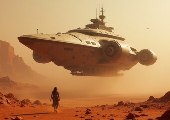 Spaceship hovering above a desert landscape with a figure walking towards it