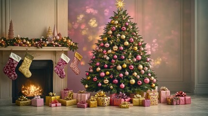 Beautifully decorated Christmas tree with pink and gold ornaments surrounded by wrapped gifts in a cozy living room
