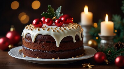 christmas cake with candles and decorations
