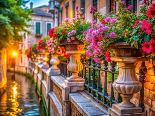 Stunning Bokeh Effect of a Beautifully Decorated Stone Fence in Venice with Lush Greenery and Vibrant Flowers, Capturing the Essence of Italian Charm and Architectural Splendor