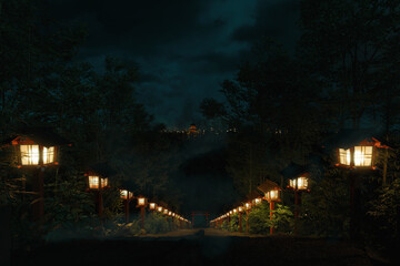 Ancient japanese shrine with stairs and wooden illuminated lantern at night. 3D Rendering