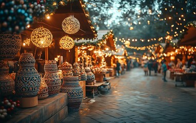 Obraz premium Illuminated Christmas market stalls display handcrafted pottery, festive lights, and blurred shoppers.