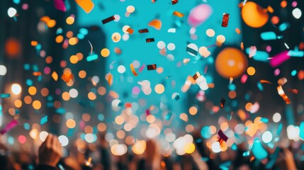 Naklejka premium Crowd celebrating with falling confetti and glowing lights at night