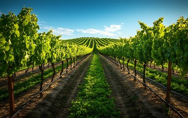 Naklejka premium Lush green vineyard rows stretching towards a sunlit hill under a vibrant blue sky.