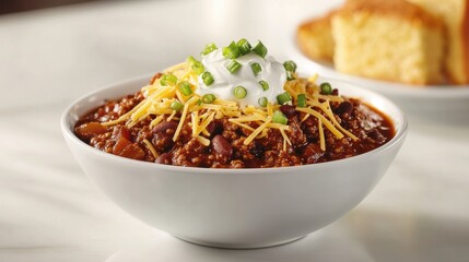 A bowl filled with warm chili featuring red beans, cheese, and fresh green onions, topped with a dollop of sour cream and accompanied by crispy bread for a comforting meal.