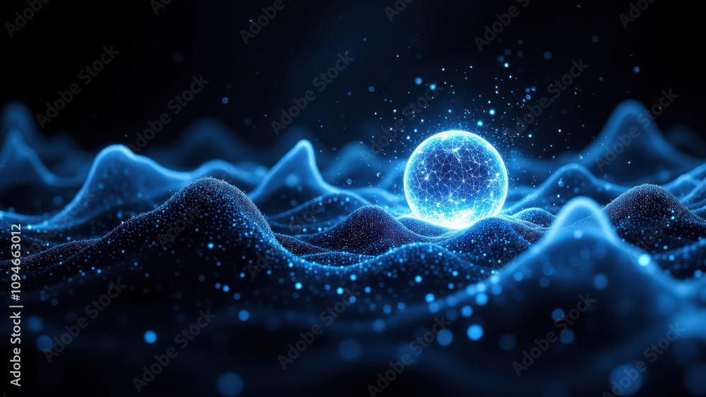 Poster abstract high-tech background with a glowing orb on rippling waves of energy.