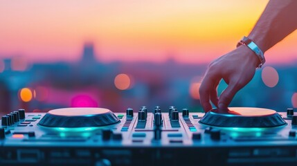 Dj mixing music on controller at vibrant outdoor event during sunset