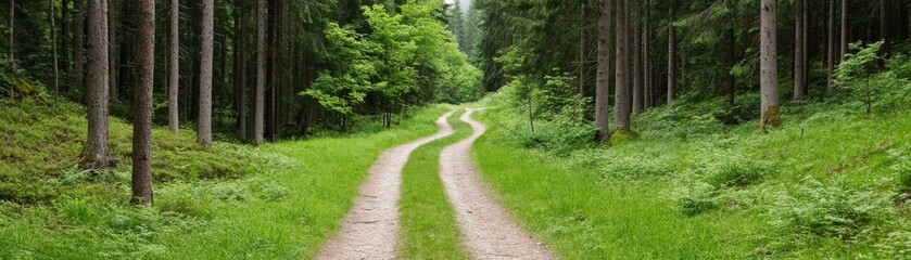 Obraz premium A serene winding path through a lush green forest, showcasing vibrant foliage and a tranquil atmosphere, ideal for nature walks and exploration.