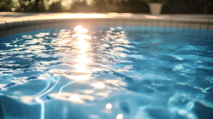 Clear blue water glistening in the evening sun beside a tranquil swimming pool