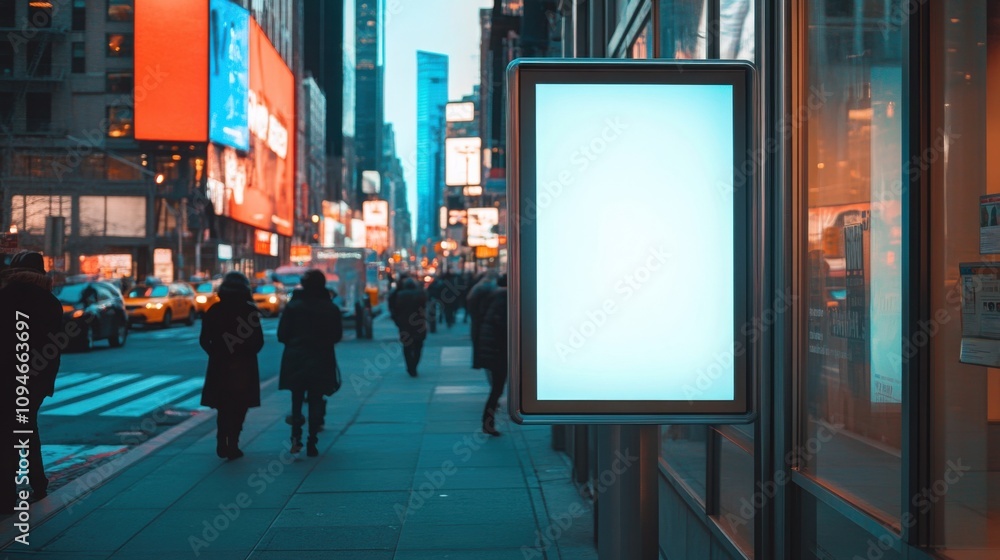 Poster store window with an empty advertising display on a busy street