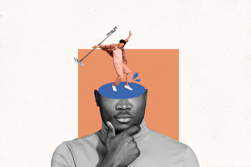 Creative collage illustration of dance careless youngster guy hold mop cleaning floor inside human...