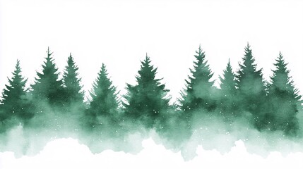Watercolor painting of forest pine trees with dots of winter snowflakes.