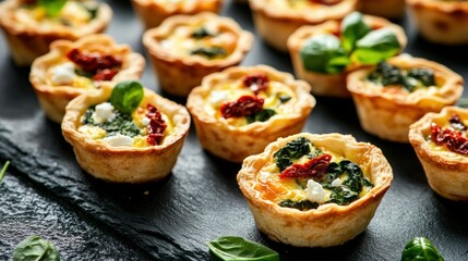 A display of mini quiches filled with spinach