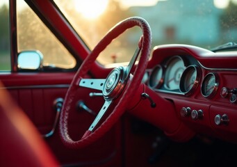 Obraz premium Classic red car interior showcasing vintage steering wheel and dashboard details