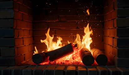 Obraz premium Burning logs in traditional brick fireplace