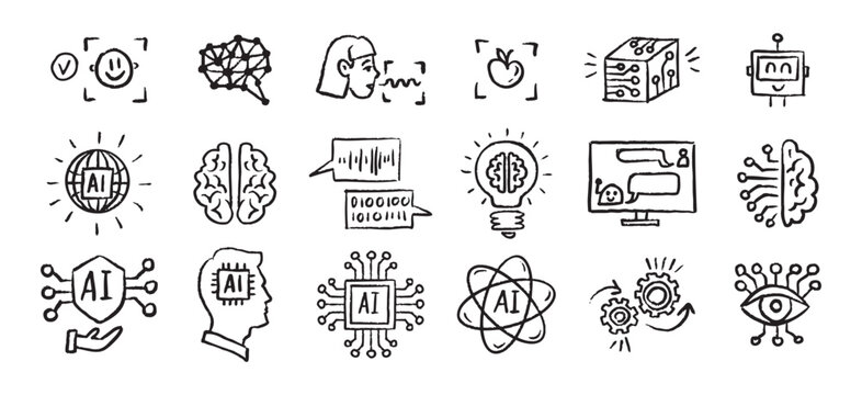 Artificial Intelligence Icons grunge chalk hand drawn doodle Brush set. Outline AI drawing crayon 