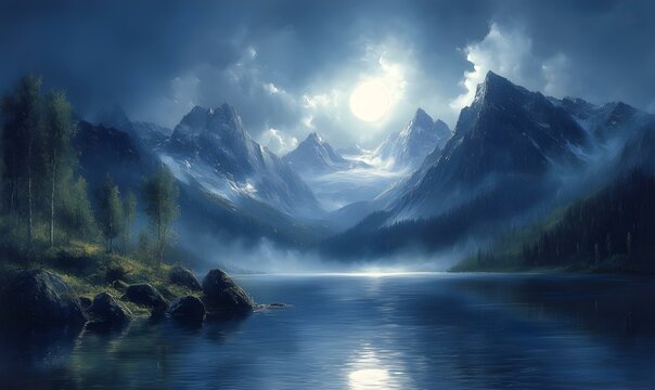 A serene twilight scene with a glowing sunset reflecting on a calm river. Framed by silhouetted trees and soft mist, the landscape exudes tranquility and warmth in rich blue hues