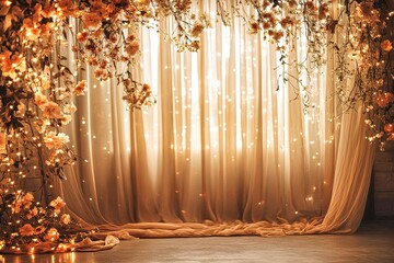 Warm light shining through curtains decorated with flowers and string lights