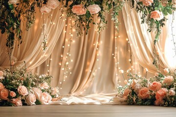 Warm light shining through curtains decorated with flowers and string lights