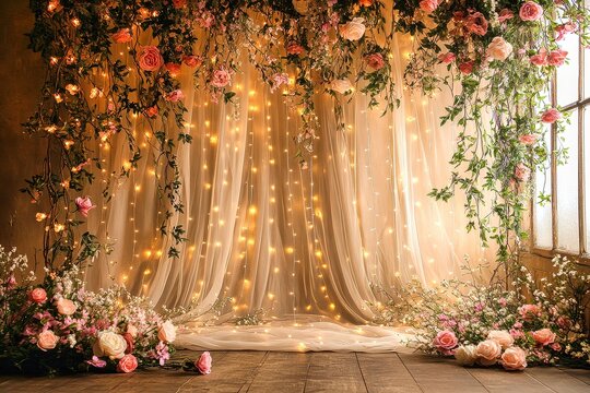 Warm light shining through curtains decorated with flowers and string lights - Powered by Adobe