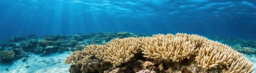 A vibrant underwater scene showcasing a coral reef, illuminated by sunlight filtering through the clear blue sea.