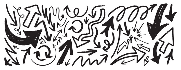 Doodle charcoal arrows set. Hand drawn line freehand curved lines, swirls drawing arrows. black chalk arrow smears.