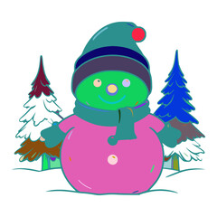 Snowman is wearing a green hat with a black stripe on it. He is also wearing a pink coat with a green scarf around his neck. There are two snowman trees behind him.