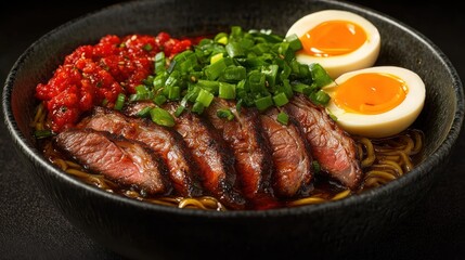 Delicious bowl of ramen with beef, egg, and chili.