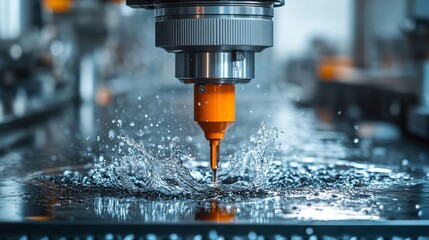 Close-up of a drill bit cutting through metal with water coolant