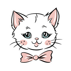 Cute hand drawn cat face with soft pink bow, kids design