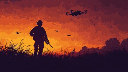 Fototapeta premium Soldier operating surveillance drones at sunset during a mission with dramatic sky backdrop.