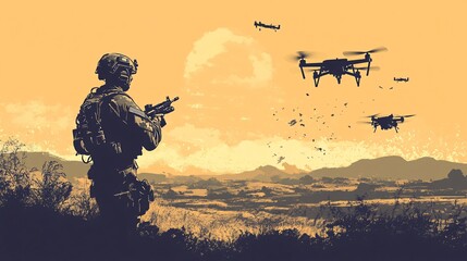 Soldier operating surveillance drones at sunset during a mission with dramatic sky backdrop.