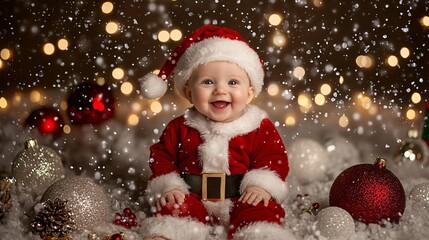 Adorable baby in Santa costume with festive lights and bokeh background.