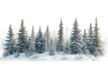 Obraz premium Snow covered pine trees growing on snowy hillside against white background