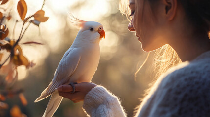A person and their bird enjoying quiet companionship, fostering a sense of wellbeing and serenity.