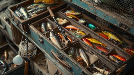 Antique fishing tackle box overflowing. Perfect for illustrating fishing, hobbies, or nostalgia.