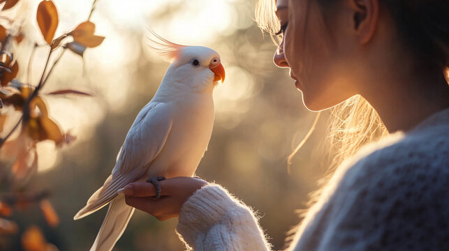 A person and their bird enjoying quiet companionship, fostering a sense of wellbeing and serenity.