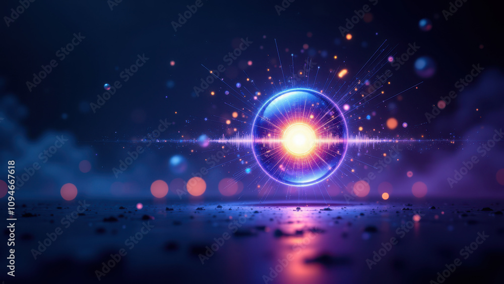 Poster abstract high-tech background with a futuristic glowing orb and digital sparkles floating on a dark 