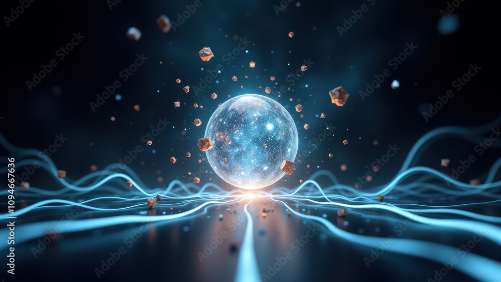 Poster abstract high-tech background with glowing spheres and dynamic energy lines.