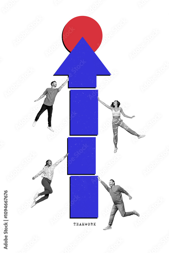Poster photo collage minimal picture of team jump people build their business startup arrow direct round ta