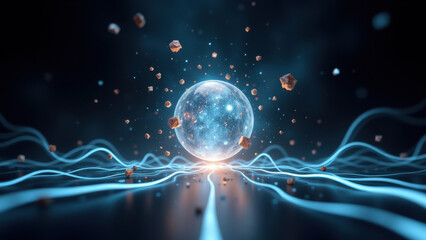 Abstract high-tech background with glowing spheres and dynamic energy lines.