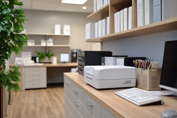 Modern office interior featuring printer, keyboard, and computer on desk