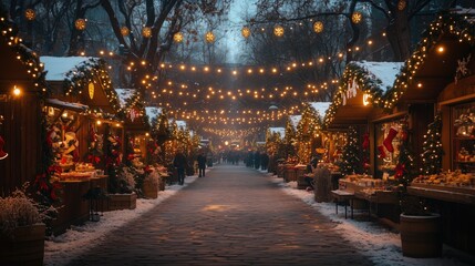 The festive atmosphere of a Christmas market, with vibrant lights, festive decorations, and delicious treats.