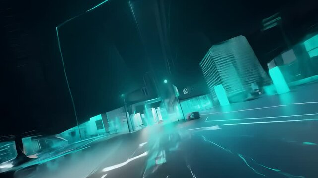 Conceptual digital art of autonomous vehicles driving through a neon-lit cityscape, showcasing advanced transportation in a futuristic urban environment.