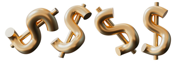 Collection of sleek golden dollar symbols with modern, polished metallic finish on transparent background. Ideal for representing finance, wealth, investment, economic growth in creative projects. 3D.