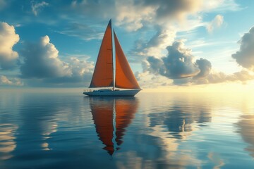 Luxurious white yacht with vibrant red sails glides serenely across a calm sea at sunset, mirroring the hues of the evening sky